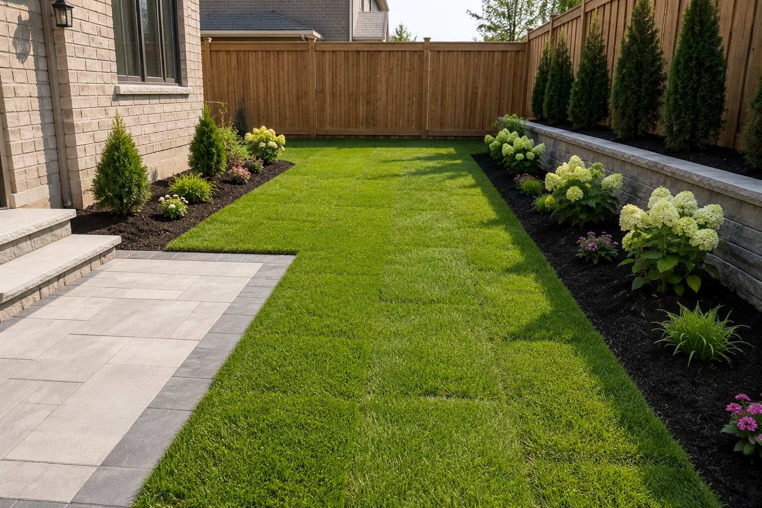 Newly installed sod lawn with crisp mulch beds bordering a home